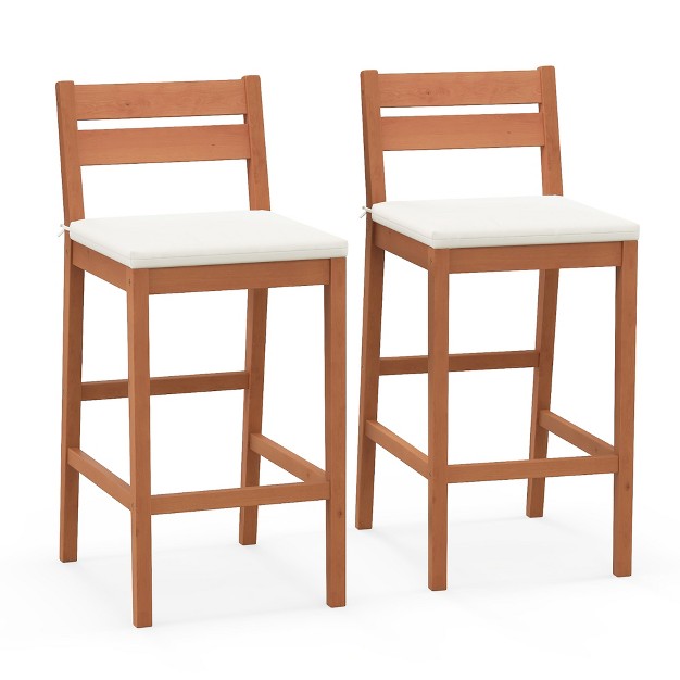 Tangkula Patio Eucalyptus Wood Bar Stools Set Of 2 Outdoor Bar Height Patio Chairs W Cushions