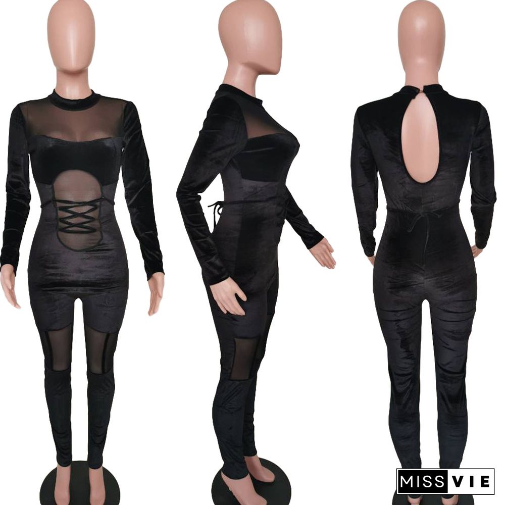 Sexy Mesh Sheer Velvet Patchwork Tight Jumpsuit