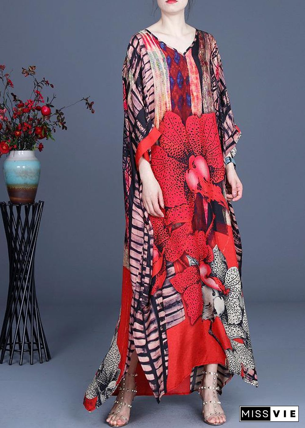 Bohemian Red Print side open Maxi Summer Chiffon Dress