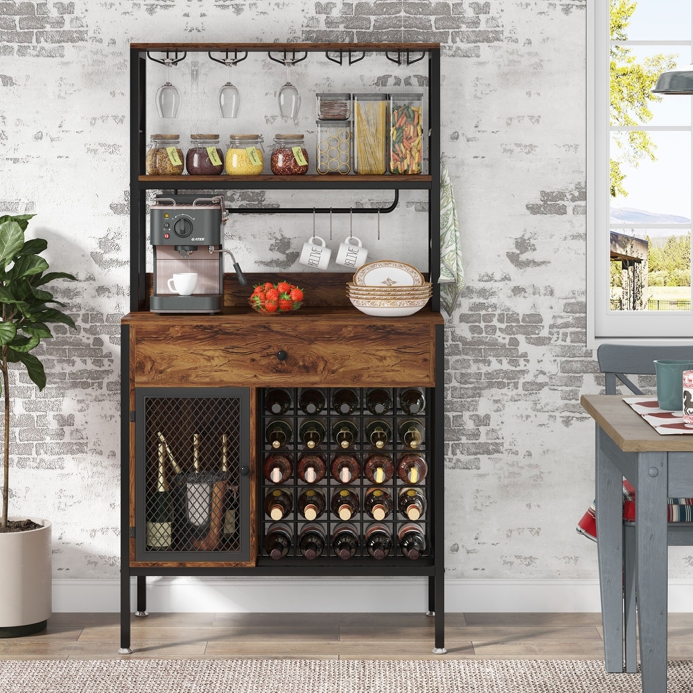 32 Bottles Wine Bar Cabinet with Drawer  Freestanding Wine Bar Rack Liquor Cabinet