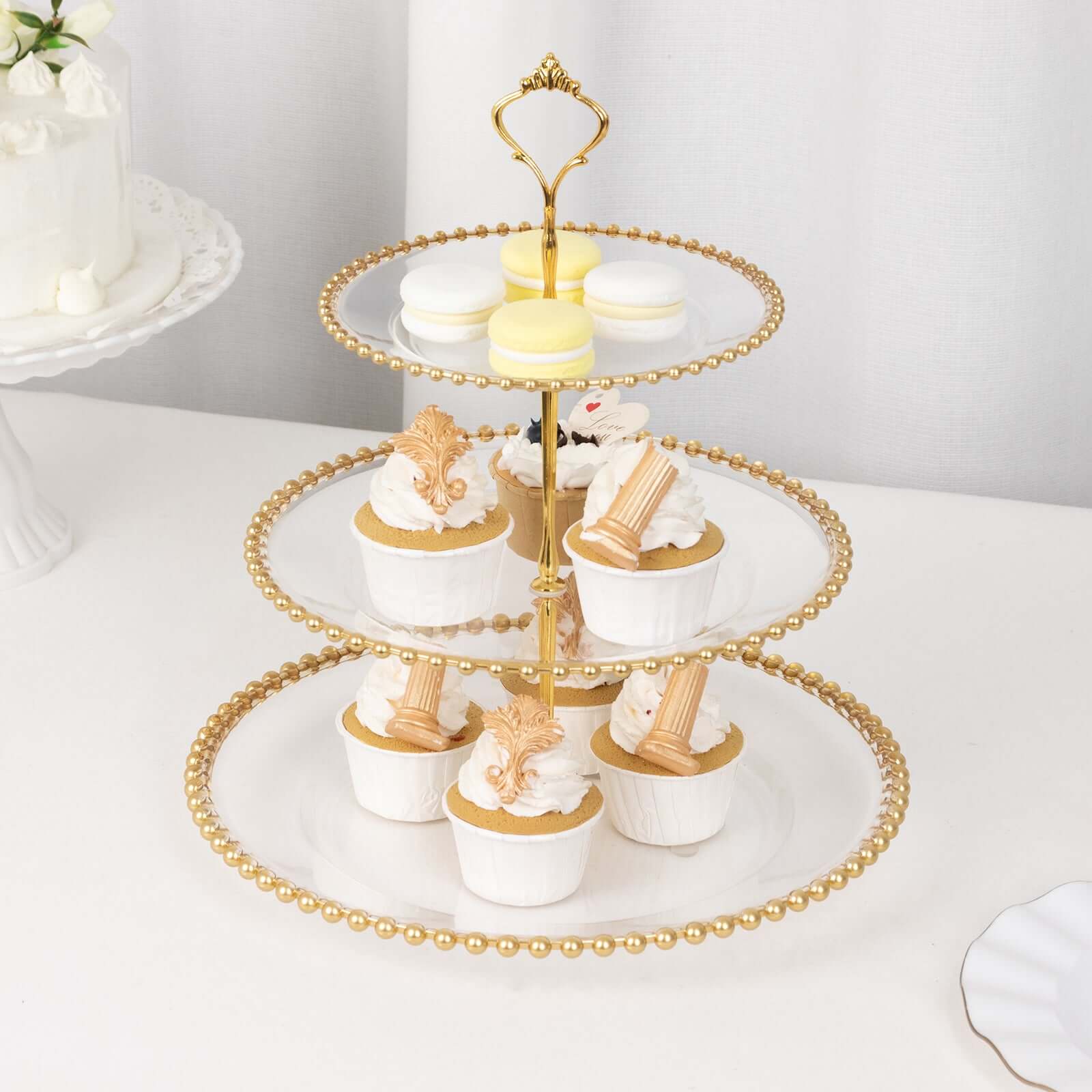 Clear 3-Tier Round Plastic Cupcake Tower Stand with Gold Beaded Rim, Dessert Display Tea Party Serving Platter With Top Handle - 14