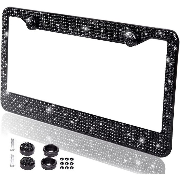 Zone Tech Shiny Bling Rhinestone License Plate Cover Frame classic Black Sparkly Crystal Bling Stainless Steel Car Novelty license Plate Frame