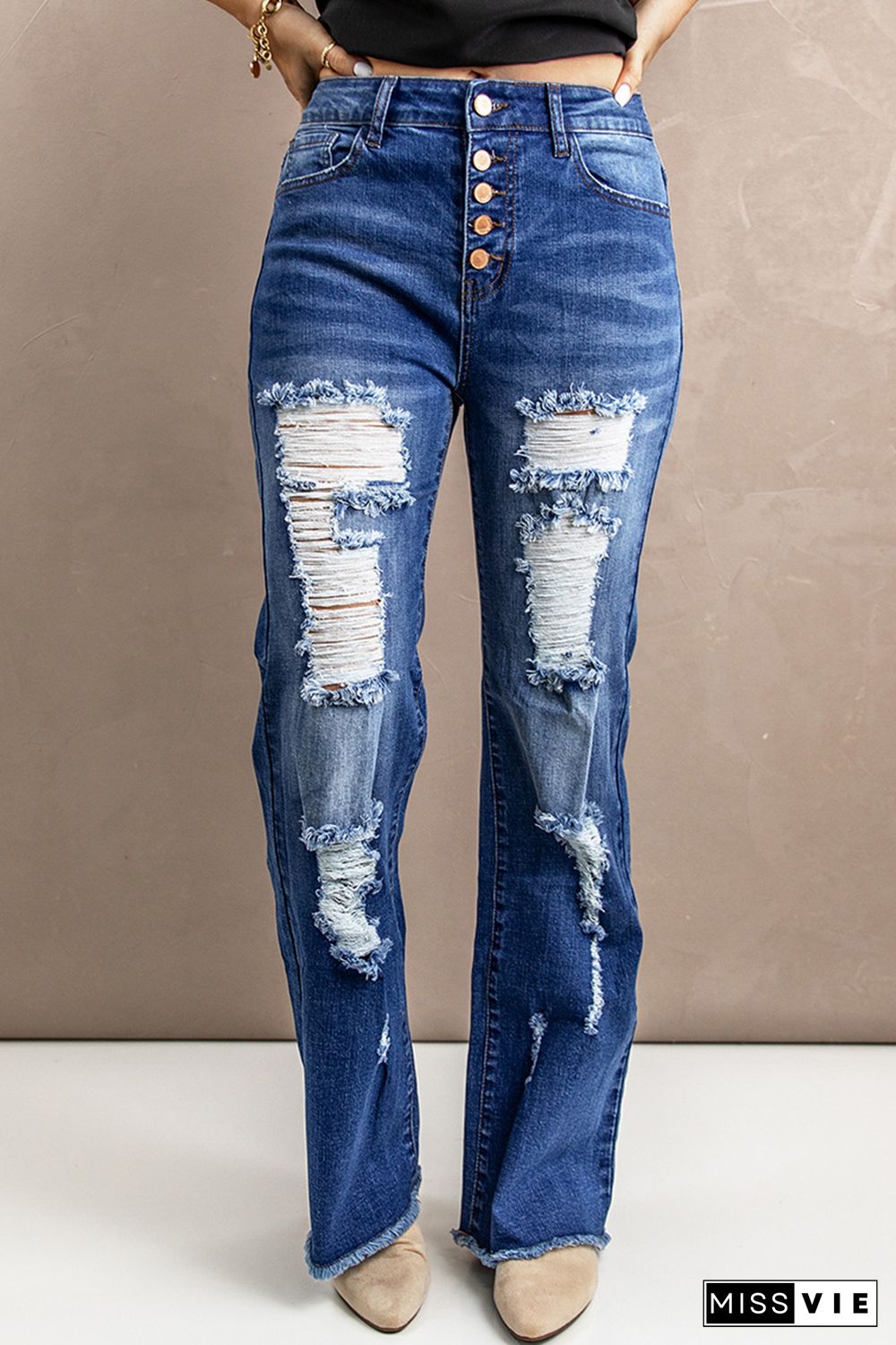 Blue Distressed Ripped Buttons Bell Bottom Jeans