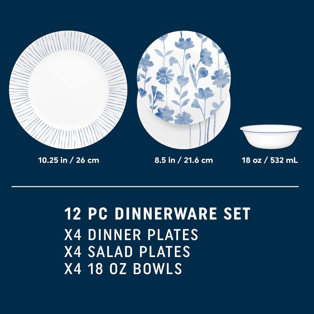 Corelle Botanical Stripes 12-piece Glass Dinnerware Set Service for 4 Blue and White 1149161