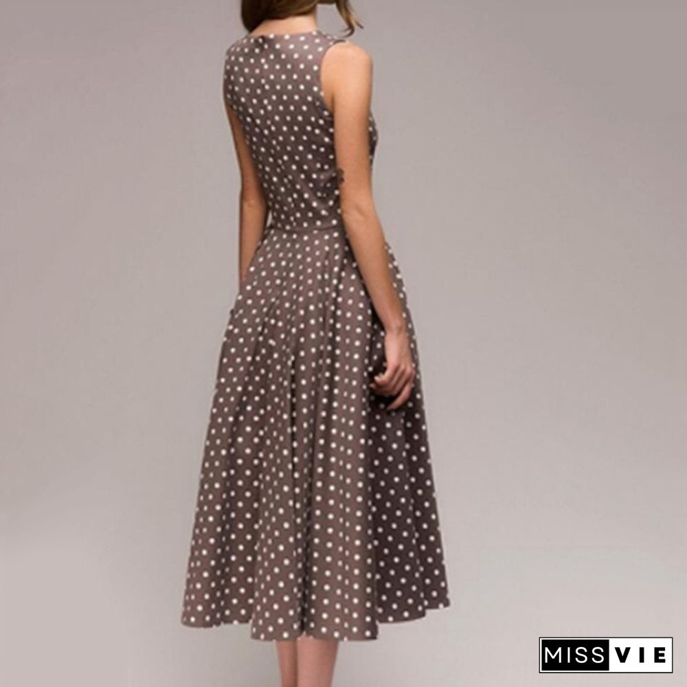 Vintage Polka Dot Swing Party Dresses Women Sleeveless O-neck Elegant Dress Casual Boho Midi Dress