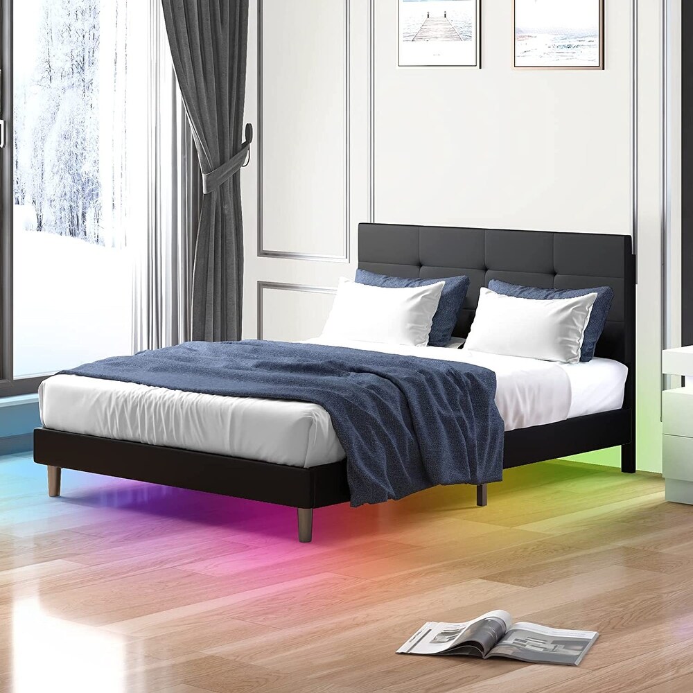 Mixoy Bed Frame with Smart RGB LED Lights Button Tufted Headboard PVC Fabric Upholstered Platform No Box Spring Needed