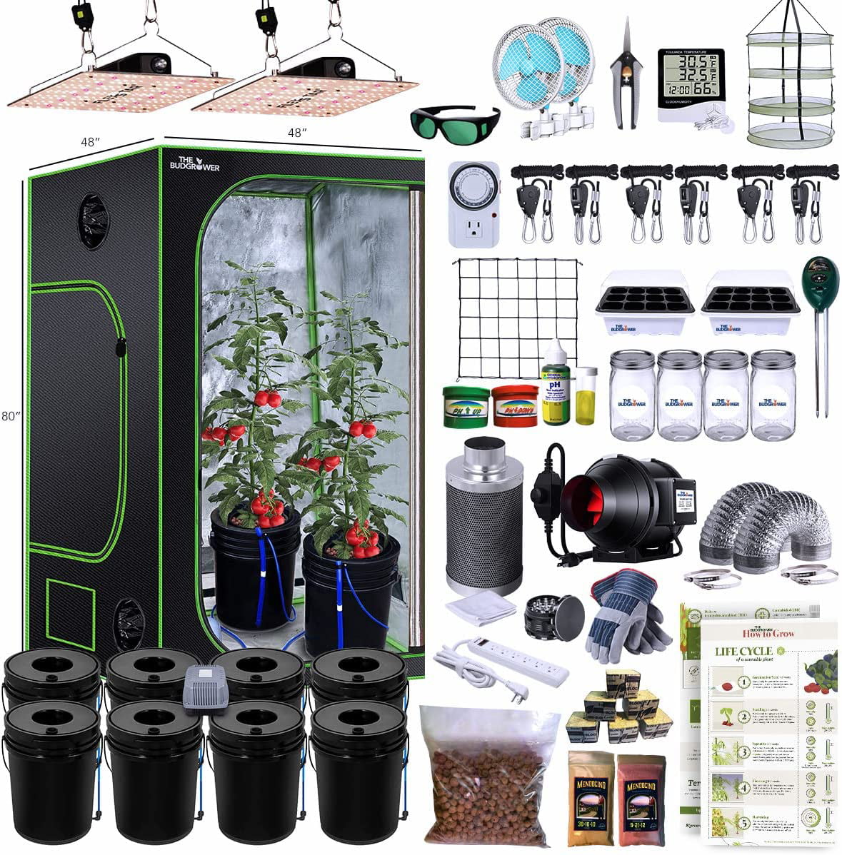 The Budgrower - Advanced Hydroponics -Complete Indoor Hydroponics Setup - 1200W - (48 in x 48 in x 80 in) - Complete Grow Tent Kit