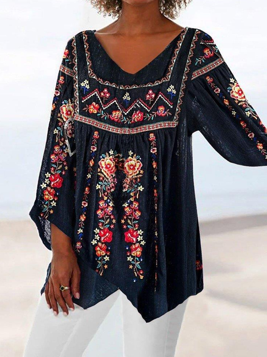 Casual Vintage Print V-Neck Long Sleeve Blouse