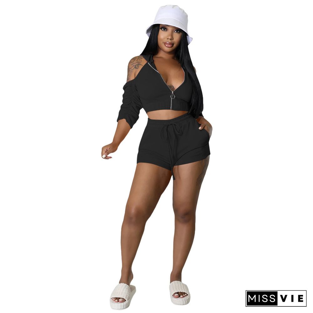 Zipper Off Shoulder Hooded Crop Top Shorts 2 Piece Sets