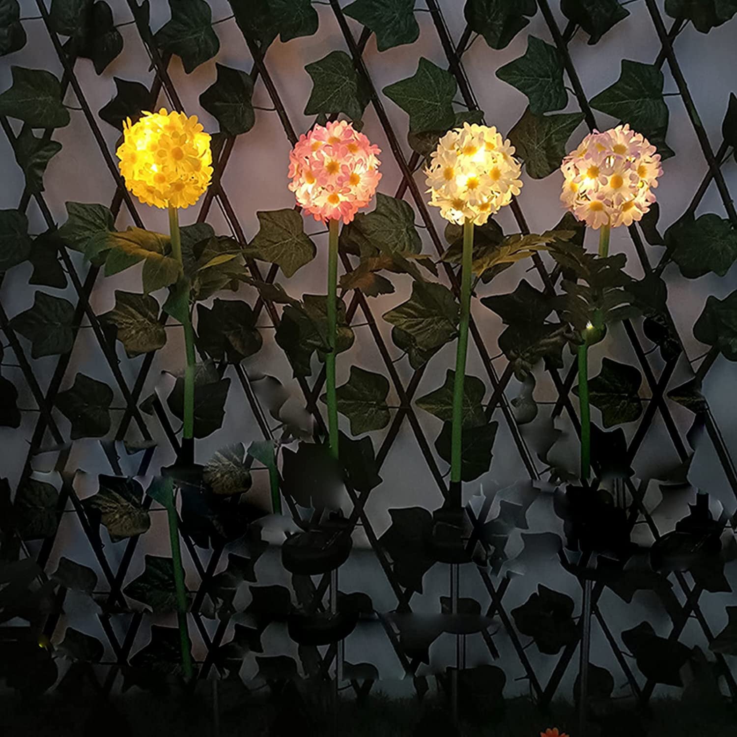 4 Pack Daisy Flower Ball Solar Lights， Decorative Solar Garden Lights， Waterproof LED Solar Powered Stake Light for Outdoor Pathway， Patio， Yard