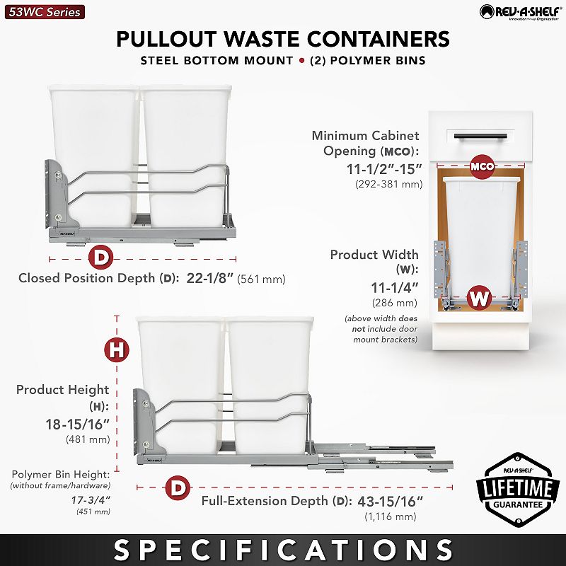 Rev-A-Shelf Double Pull Out Trash Can 27 Qt with Soft-Close， 53WC-1527SCDM-211