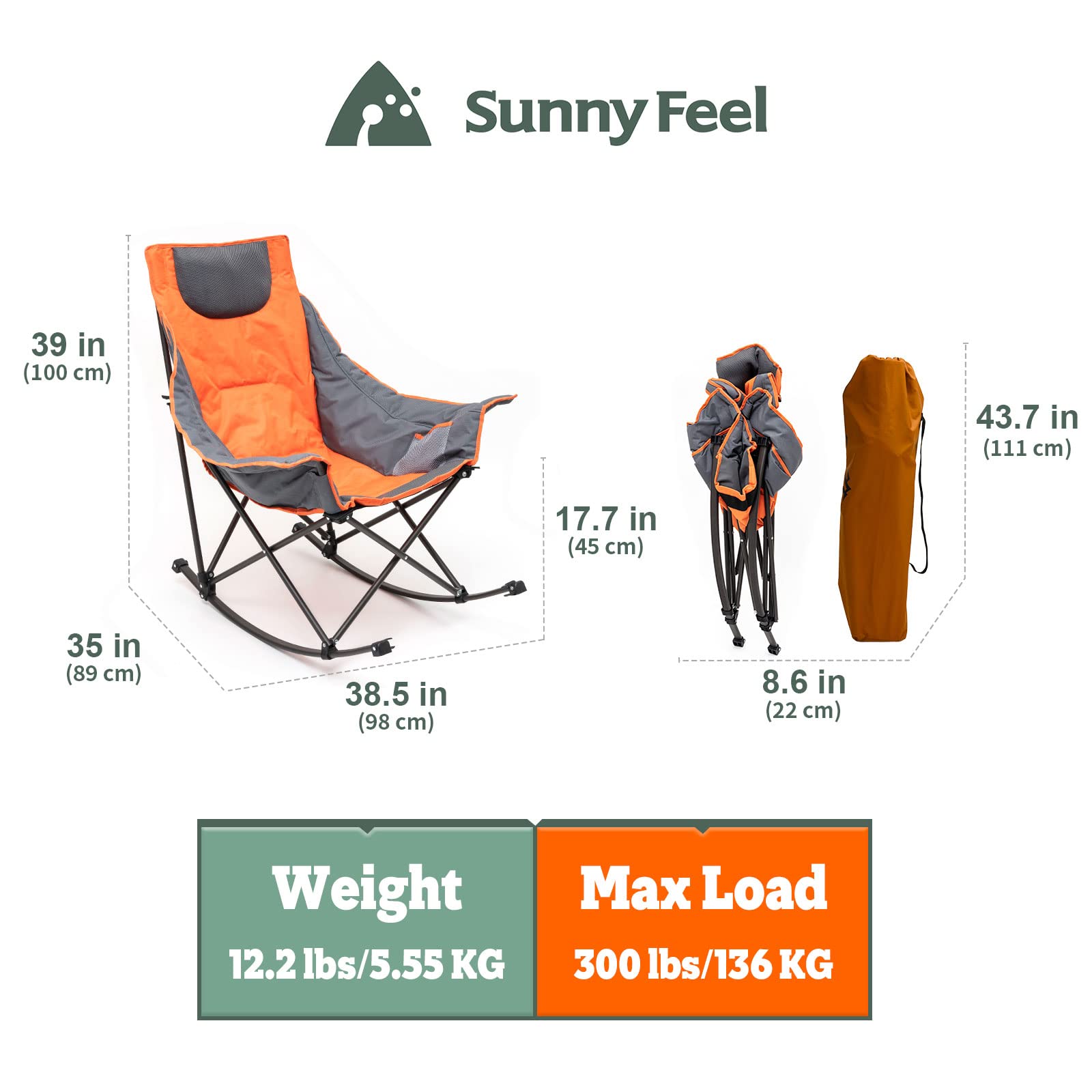 Sunnyfeel Camping Rocking Chair, Oversized Folding Heated Camping Chairs Hot Seat with Luxury Padded Recliner,Carry Bag, 300 LBS Heavy Duty for Lawn/Outdoor/Picnic/Patio, Portable Rocker Camp Chair