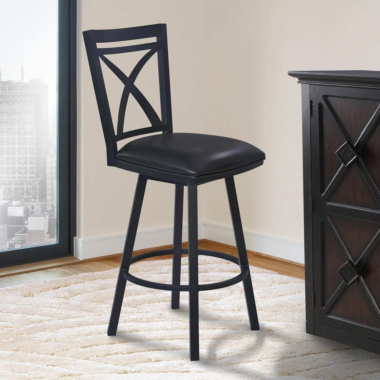 Armen Living Nova 30  Bar Height Metal Swivel Brastool in Ford Black Pu and Mineral Finish  Crowdfused