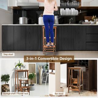 ANGELES HOME 30 in. H 3-in-1 Foldable Natural 3-Step Wood Step Stool 200 lbs. Load Capacity Coffee M10-8JV235CF