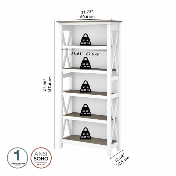 Bush Furniture Key West Tall 5 Shelf Bookcase in Pure White and Shiplap Gray