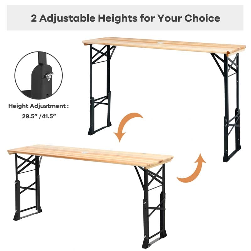 66.5'' Wood Folding Picnic Table with Umbrella Hole, Height Adjustable Outdoor Dining Table for Camping Party