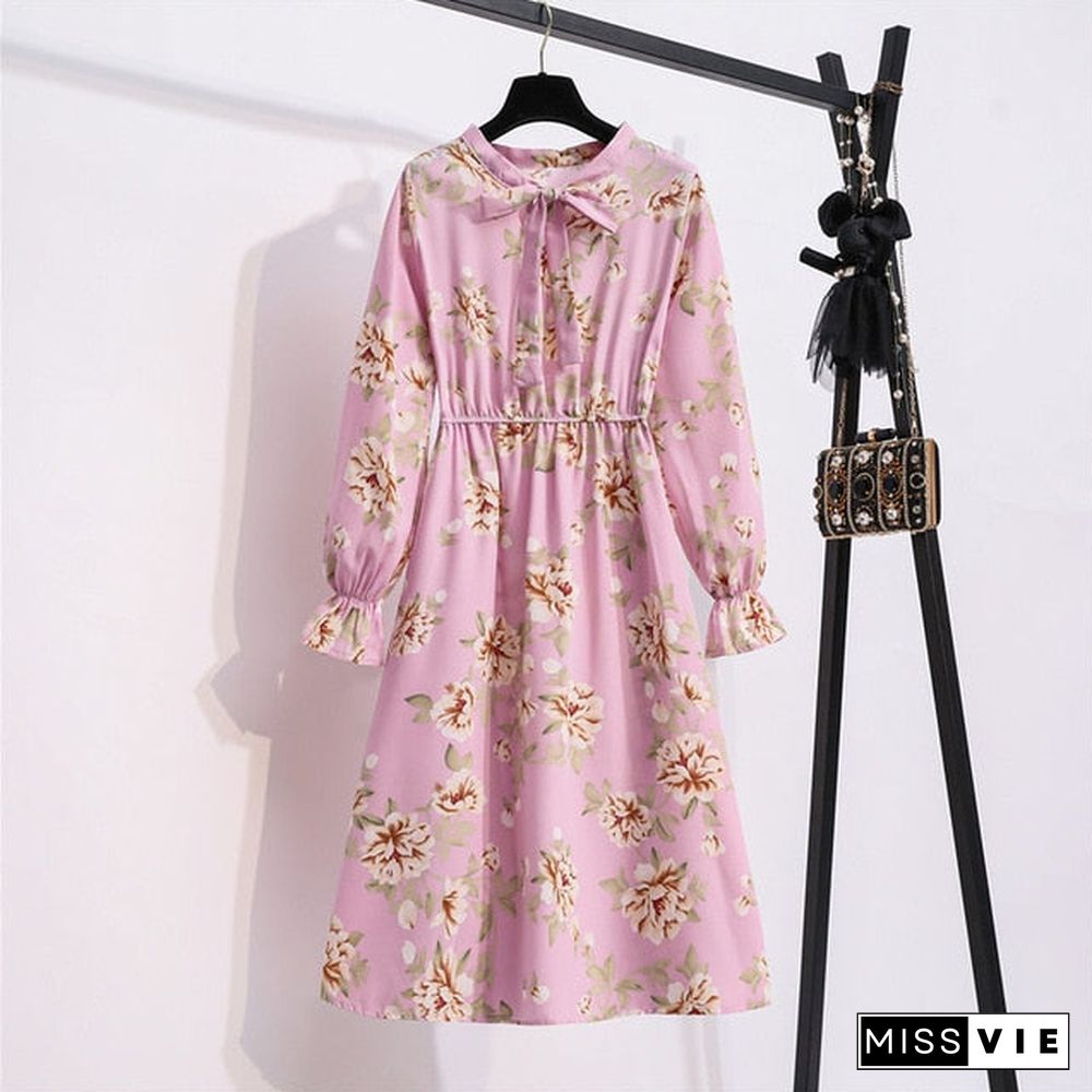 NIJIUDING Women's Chiffon Dress Female Vintage Floral Printed Long Sleeve Bow Midi Dresses Spring Autumn Flare Sleeve Vestidos