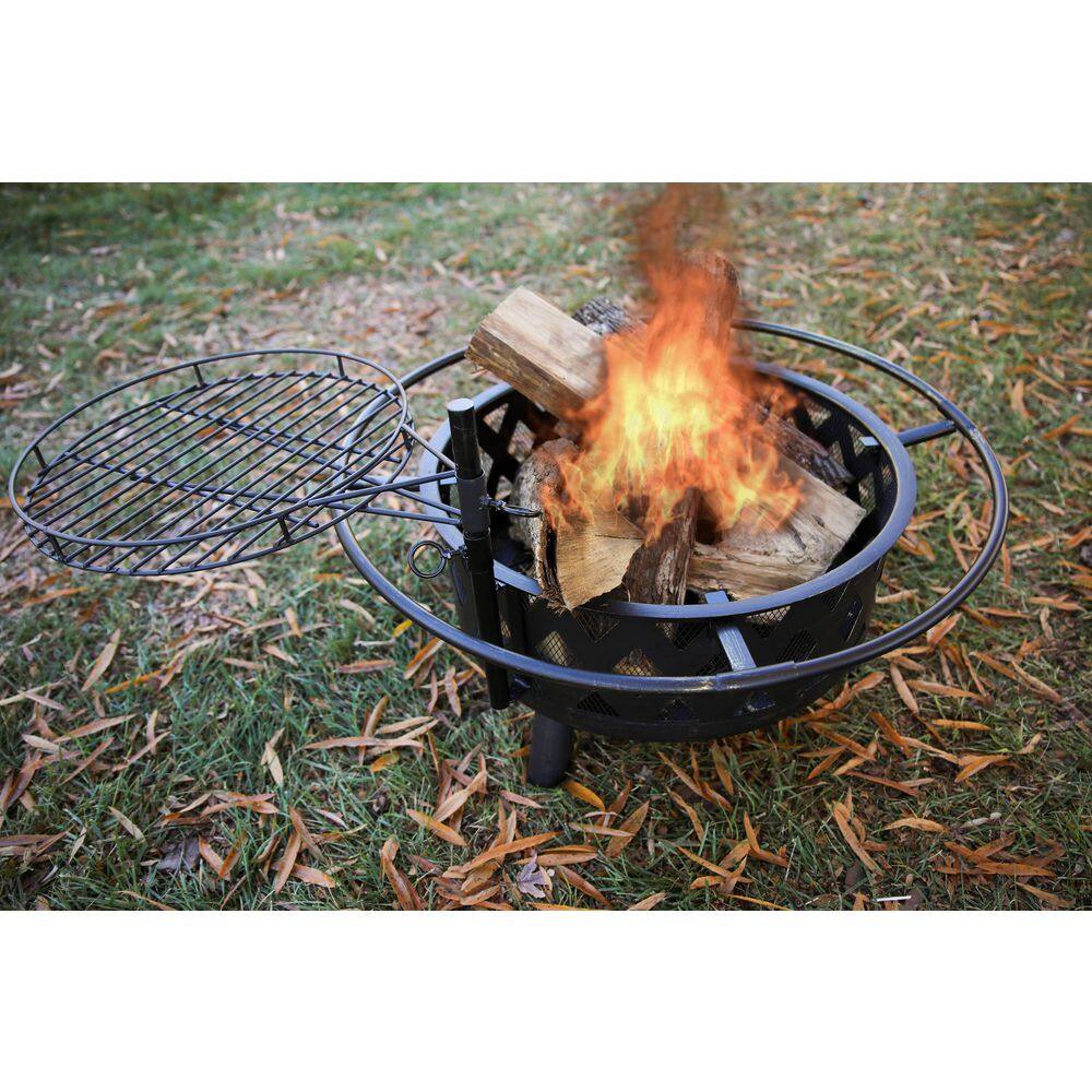 BLUEGRASS LIVING 30 in. Roadhouse Steel Deep Bowl Fire Pit with Swivel Height Adjustable Cooking Grid BFPW30RH