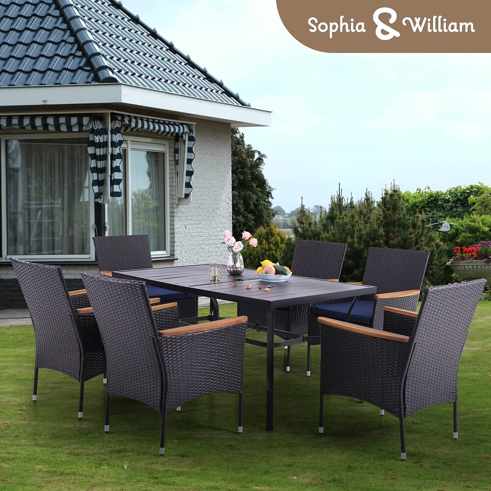 7 Pieces PE Rattan Patio Dining Sets  Modern Wicker Conversation Armhairs with Cushions and 2.6\