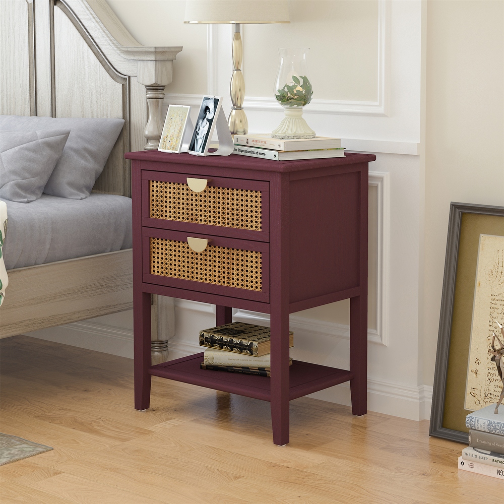 Natural Rattan 2 Drawer Nightstand Side Table