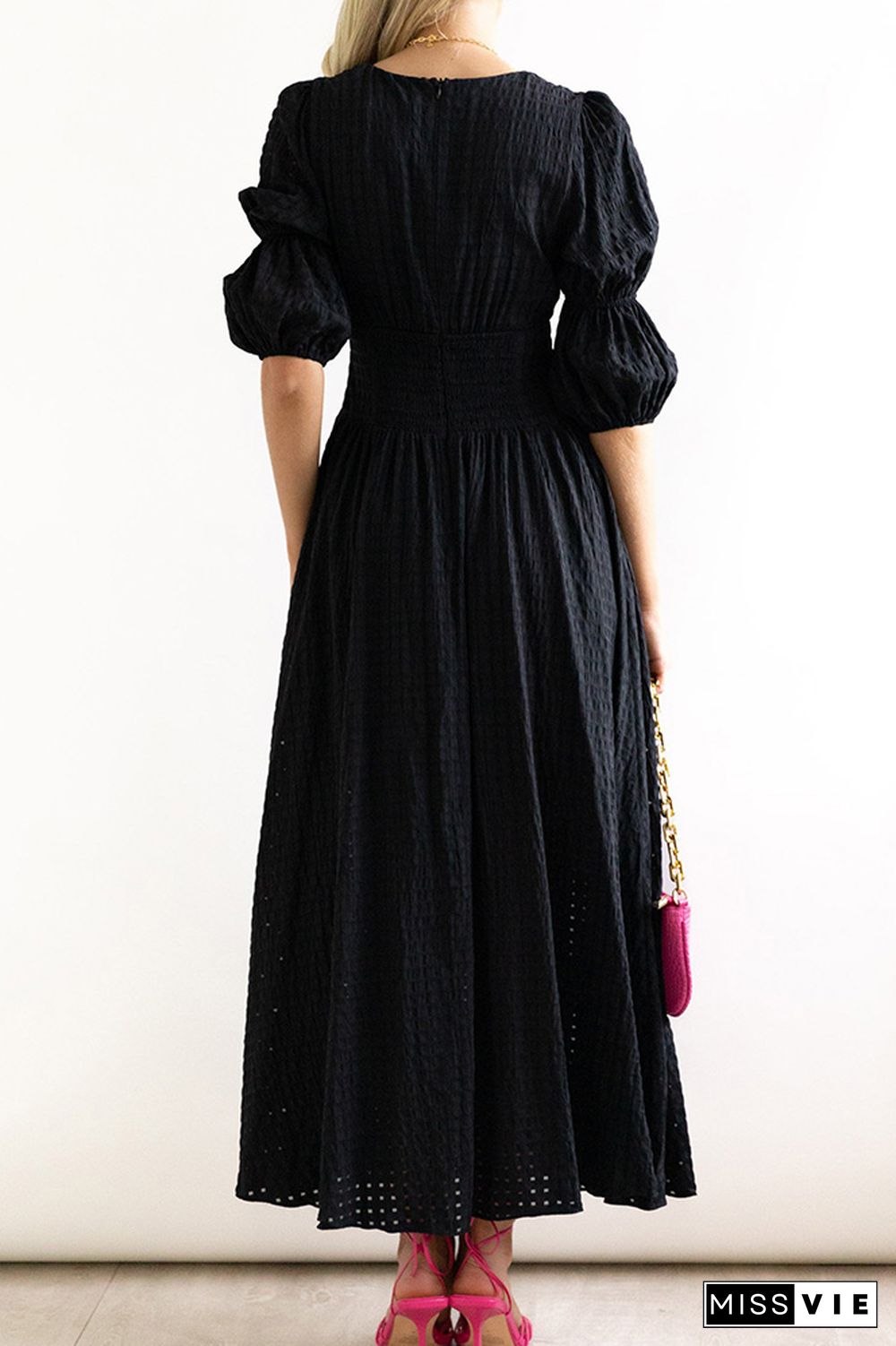 Eyelet Checked Button Up Long Split Dress