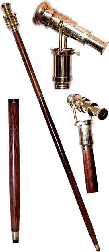 Victorian Brown Wooden Walking Cane With Brass Telescope Handle Foldable Unisex Wooden Stick For Indoor Outdoor Use