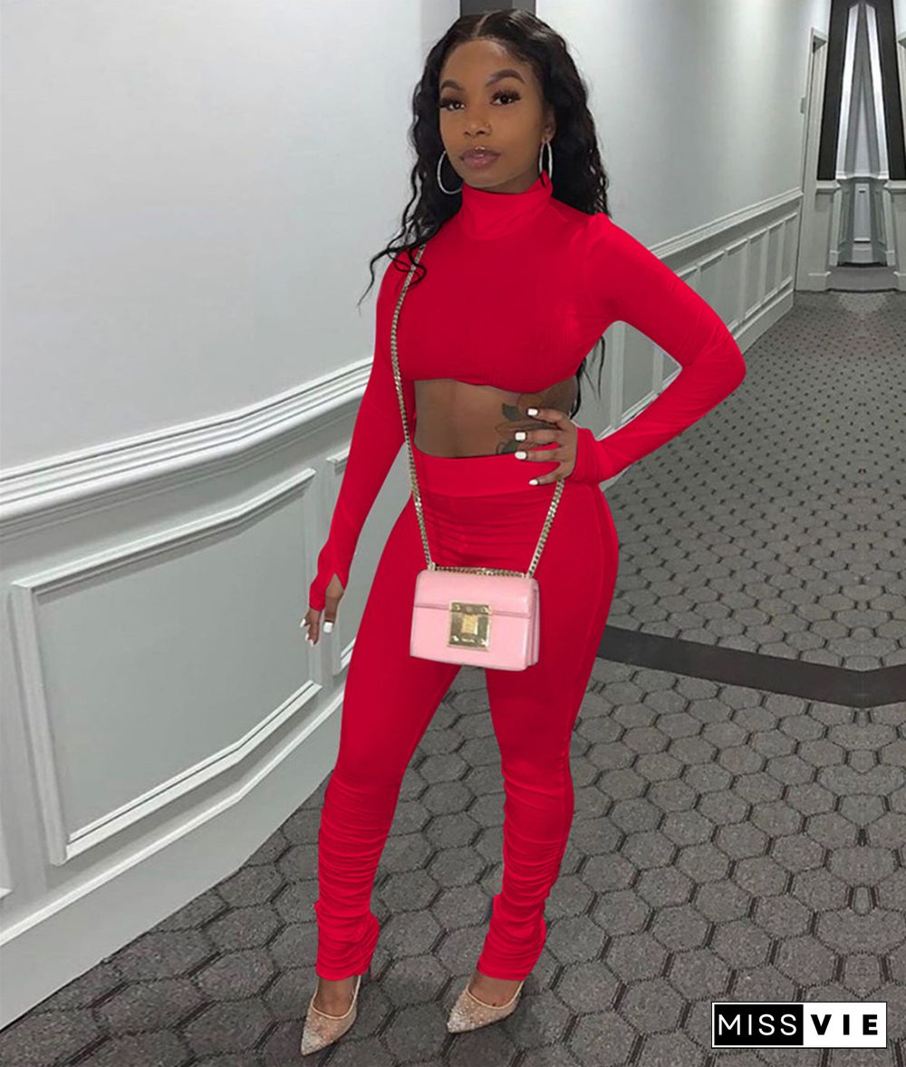 Red Turtleneck Crop Top Skinny Ruched Pants 2 Piece Set