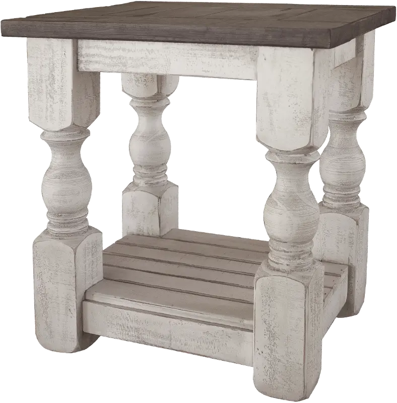 Stone Distressed White and Pine Side Table