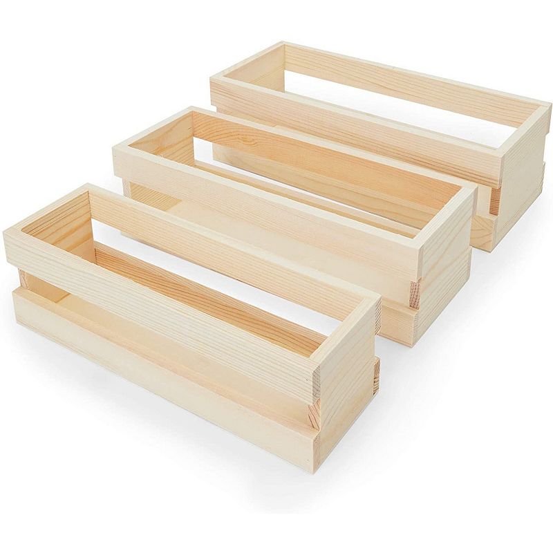 Bright Creations Wooden Trays Set with Handle， Crates for Storage (Natural Color， 3 Pieces)