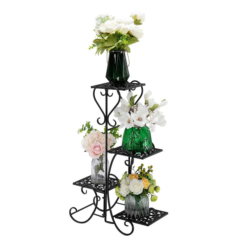 SalonMore 4-Tier Flower Pattern Square Panel Metal Flower Pot Rack Plant Display Stand Shelf Holder Decor