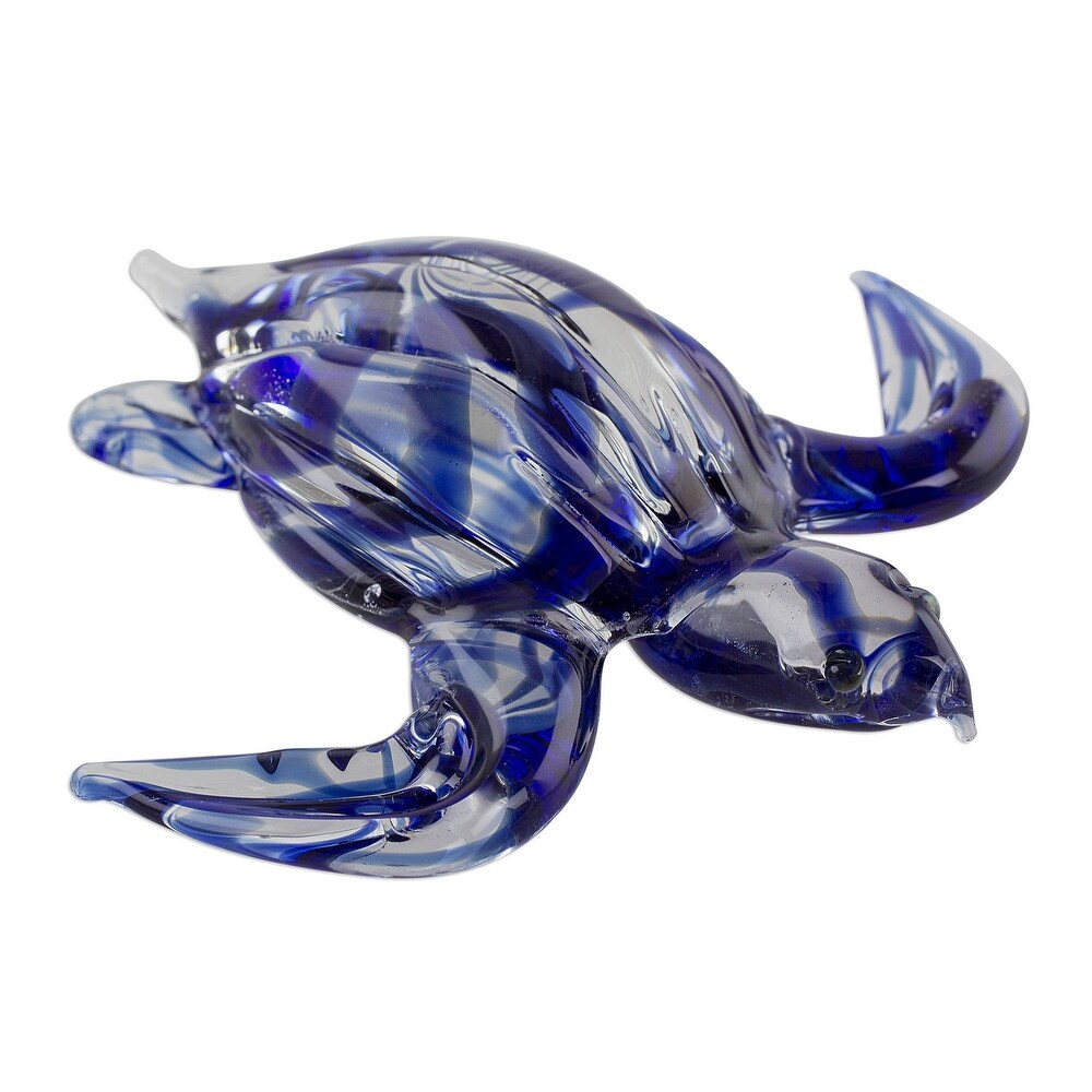 Handmade Marine Turtle In Blue Art Glass Figurine (Costa Rica)   0.6\