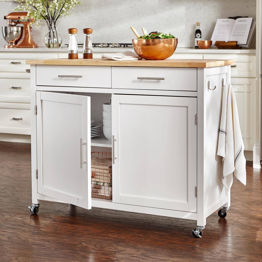 StyleWell Glenville Cream White Rolling Kitchen Cart with Butcher Block Top and Double-Drawer Storage (42