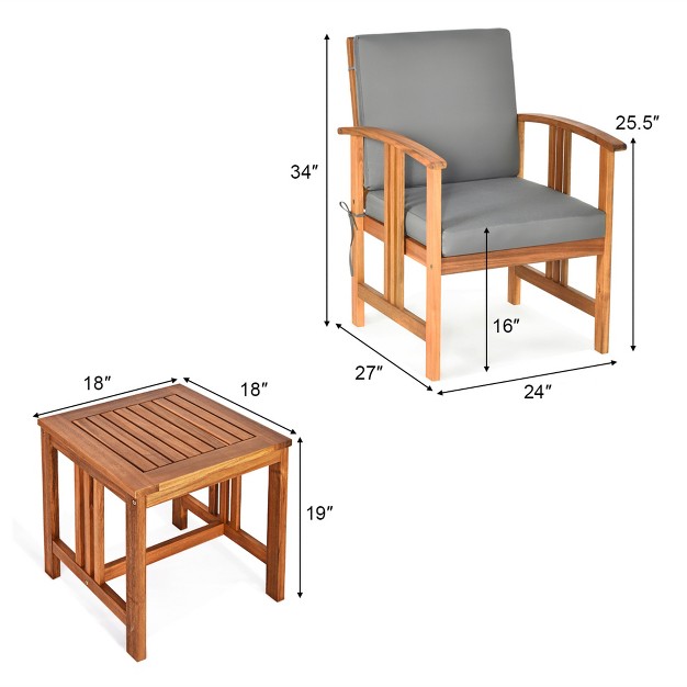 Costway 3pcs Solid Wood Patio Furniture Set Table amp chairs Grey Cushion