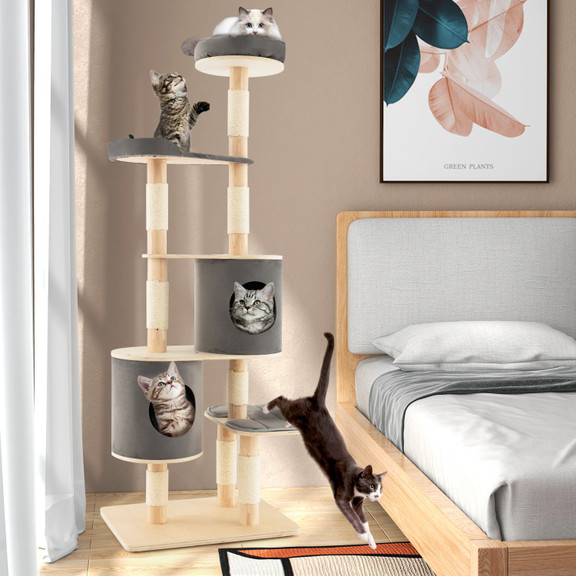 Costway 62913745 6 Tier Wooden Cat Tree with 2 Rem...