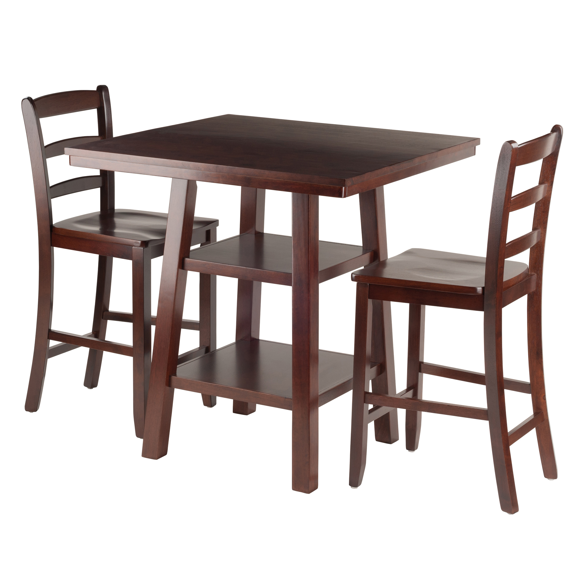 Winsome Wood Orlando 3-Pc Set， High Table with 2 Shelves and 2 Ladder Back Stools， Walnut Finish