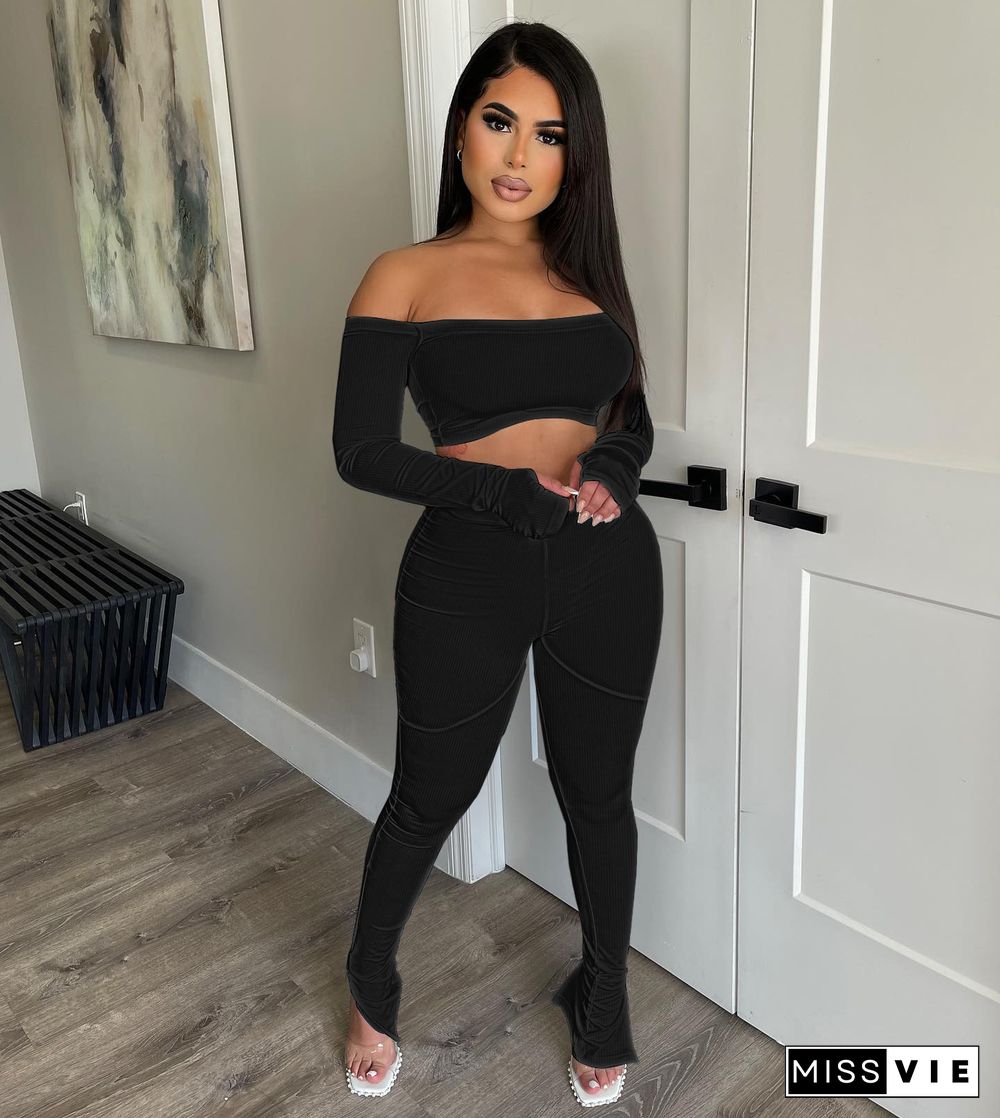 Ribbed Off Shoulder Crop Tops High Waist Pants Suit