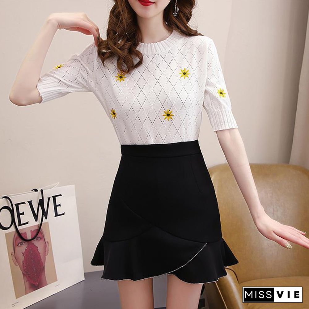 Embroidery Knit Tee+Fishtail Skirt P11422