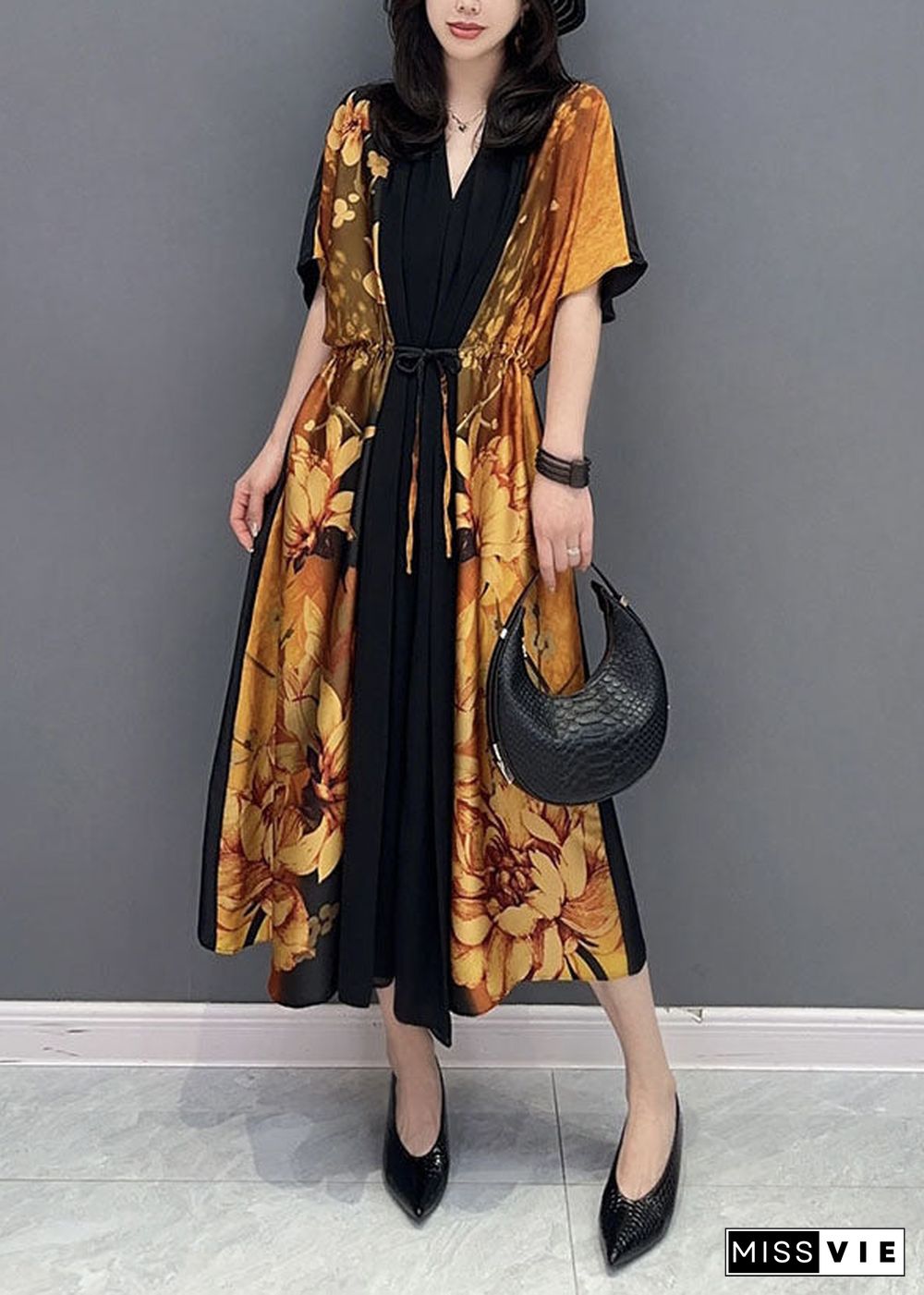 Elegant Yellow V Neck Print Wrinkled Drawstring Patchwork Silk Dress Summer