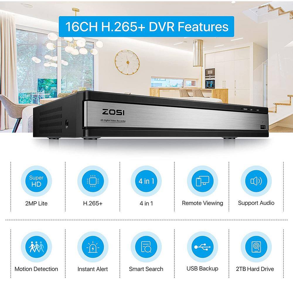 ZOSI 16-Channel 1080p 2TB DVR Security Camera System with 8 Wired Bullet Cameras 16WK-106X418B4S-20