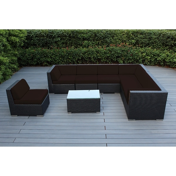 Ohana Outdoor Patio 8 Piece Black Wicker Sectional Set with Cushions