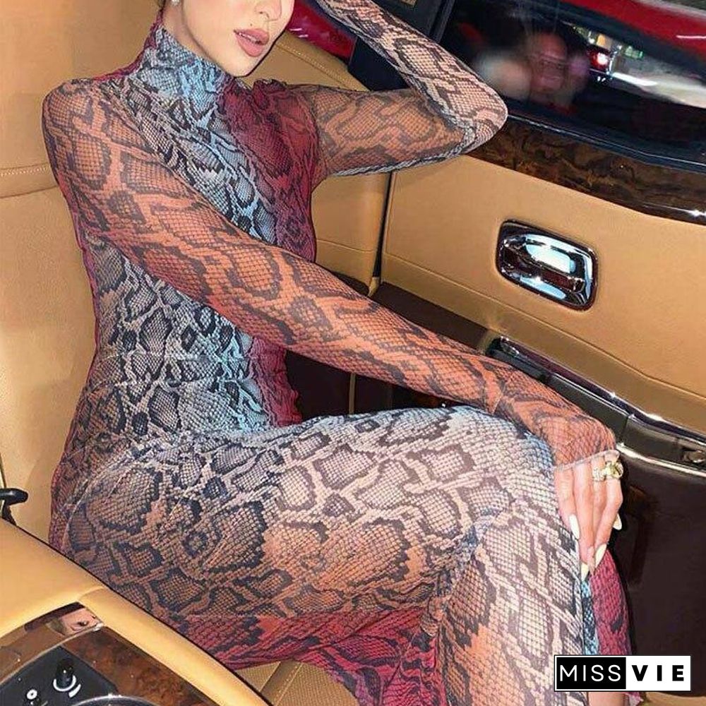 Sexy Snake Skin Long Maxi Dress Women High Neck Bodycon Sexy Club Dresses Ladies Tight Long Sleeve Robe Female