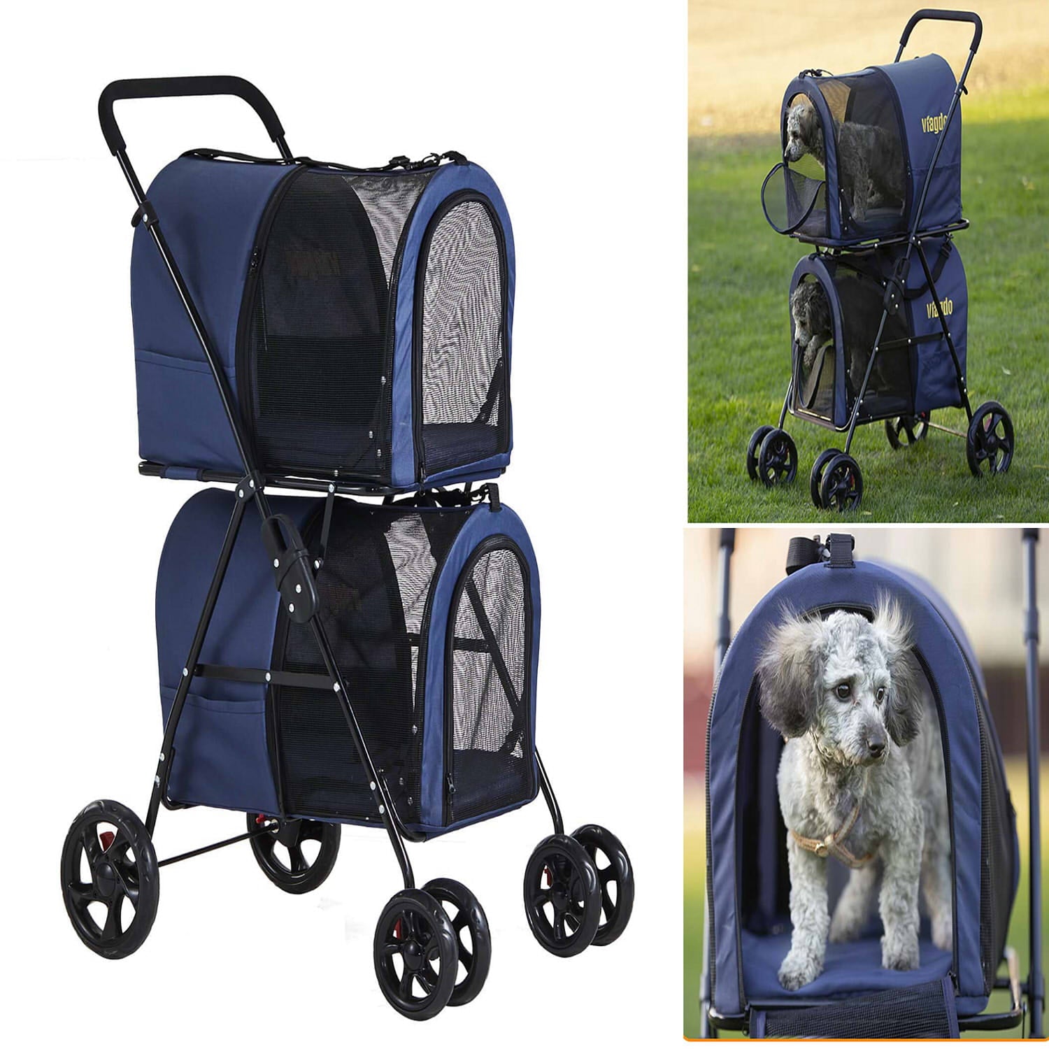 Double Pet Stroller 4-in-1 Folding Dog Strollers Travel Cart with 2 Detachable Carriersand4 Lockable Wheels for Small Medium Dogs Cats，Navy Blue