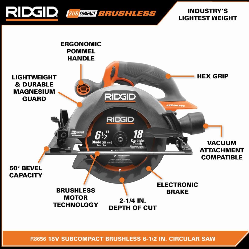 RIDGID 18V Subcompact Brushless 6-1/2 in. Circular Saw Kit with 4.0 Ah Battery and Charger R8656K