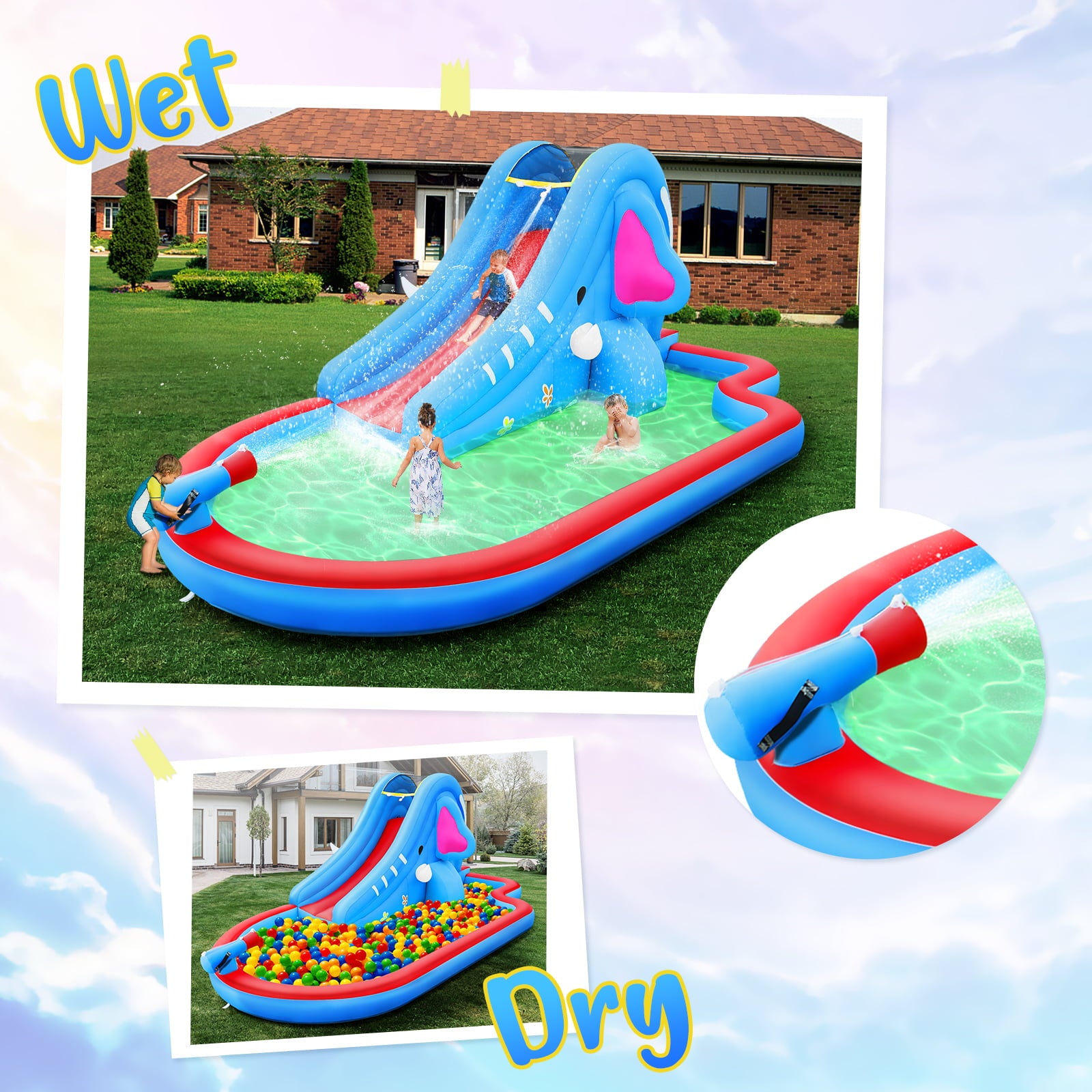 Inflatable pool water slides kids outdoor Inflatable bouncers House w/long slide Climbing Wall & Large Splash Pool, Water Cannons & Hose, Elephant Themed Inflatable Water Park (with 550w Blower)