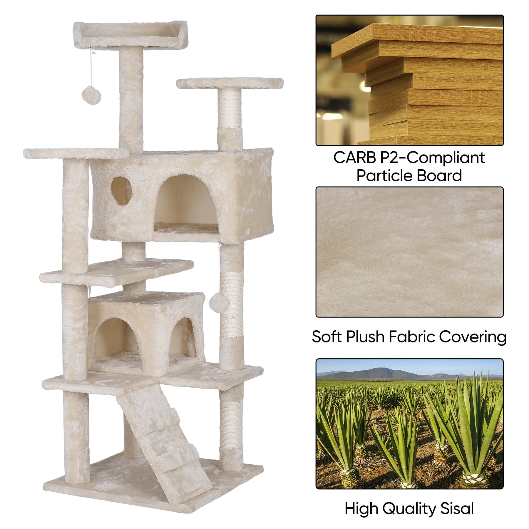 ZENSTYLE 55-in Cat Tree and Condo Scratching Post Tower， Beige