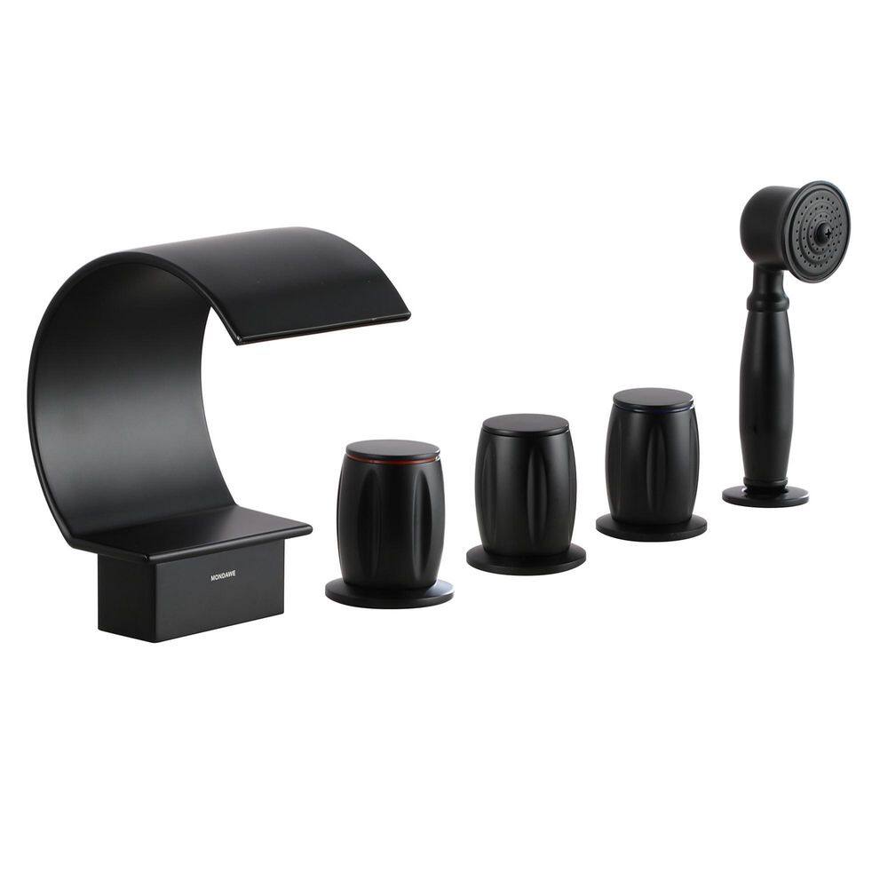 Mondawe Fabian 3-Handle Waterfall Wide-Spray High Pressure Tub and Shower Faucet in Matte Black With Valve WF-5934-BL