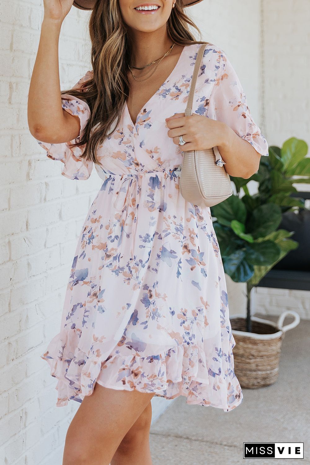 Pink Floral Print Flared Sleeve Ruffle Dress