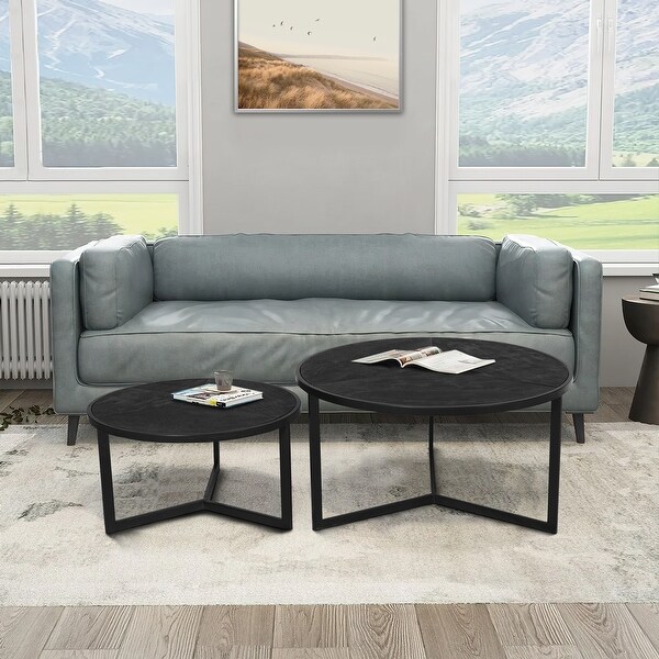 28， 20 Inch Round Nesting Coffee Table Set Of 2， Handcrafted Mango Wood Charcoal Gray Top， Black Iron Base