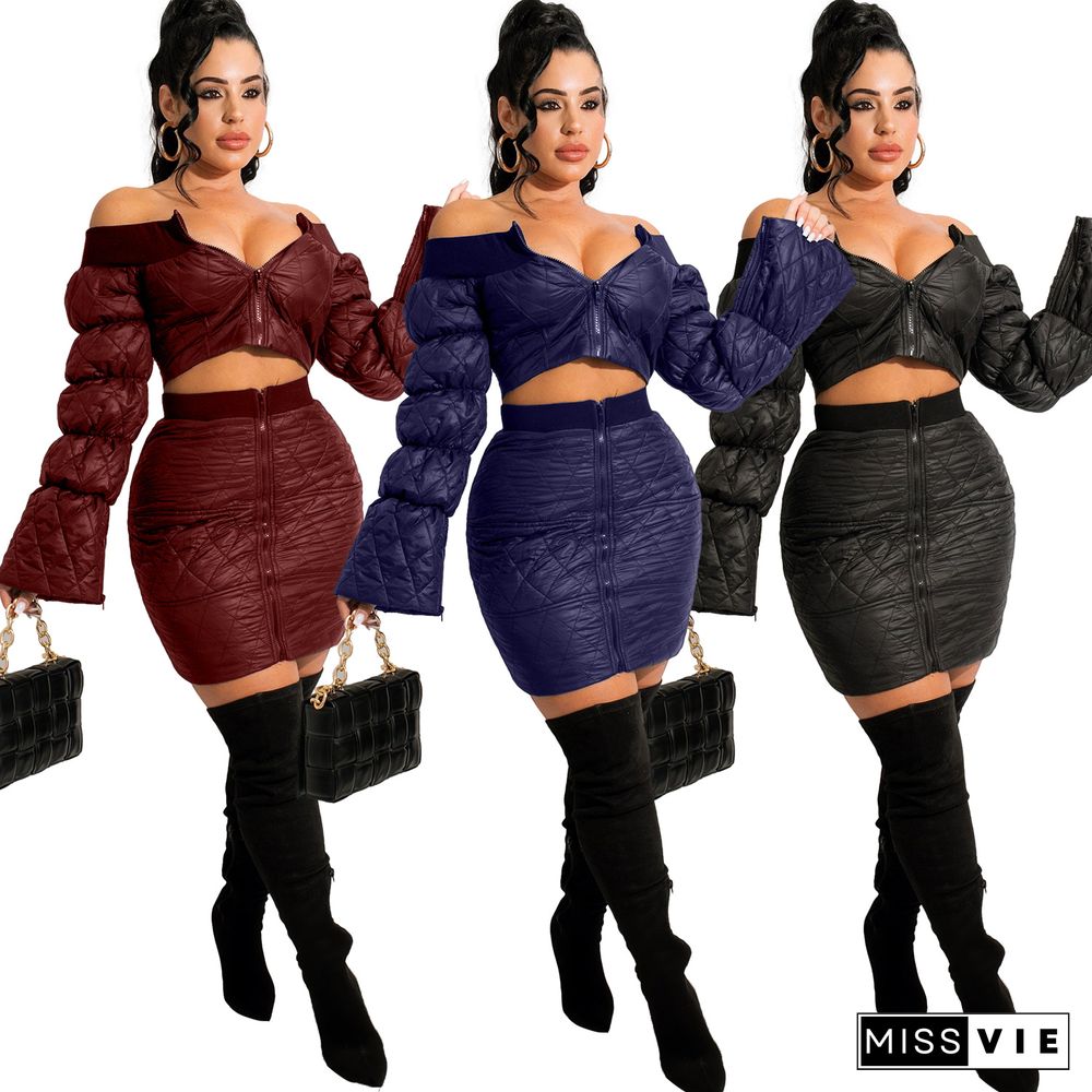 Off Shoulder Long Sleeve Crop Top+Bodycon Skirt Set