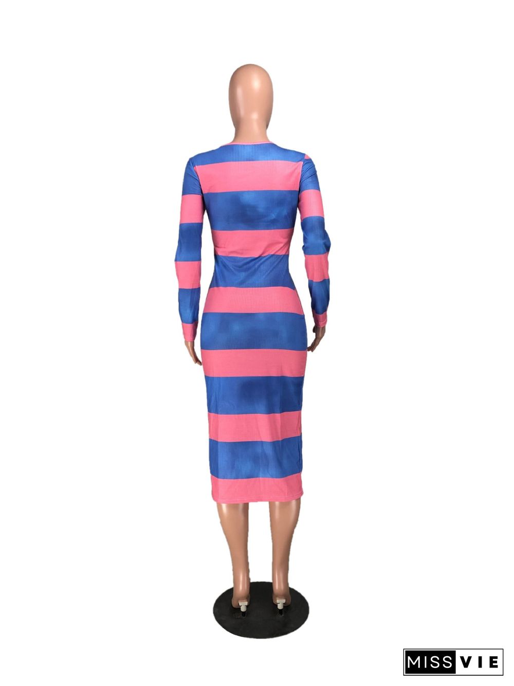 Ribbed Knitted Long Sleeve Striped Maxi Dress